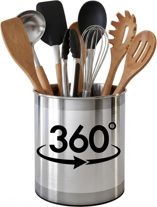 Set of kitchen utensils in a metallic holder with '360°' branding on a white background