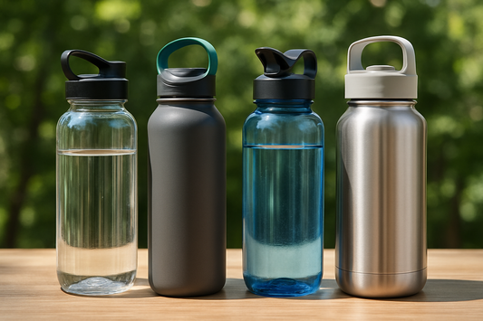 BPA free water bottles in various designs for everyday hydration, showcasing clear, dark, and stainless steel options.