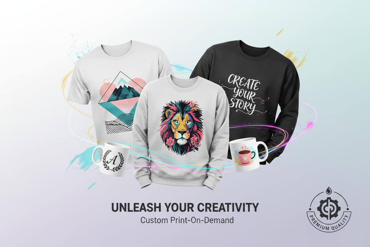 Print-On-Demand Custom Products featuring sweatshirts and mugs with unique designs and premium quality.