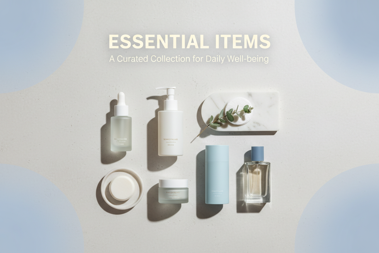 Curated essential items including skincare products arranged aesthetically on a light surface for well-being.