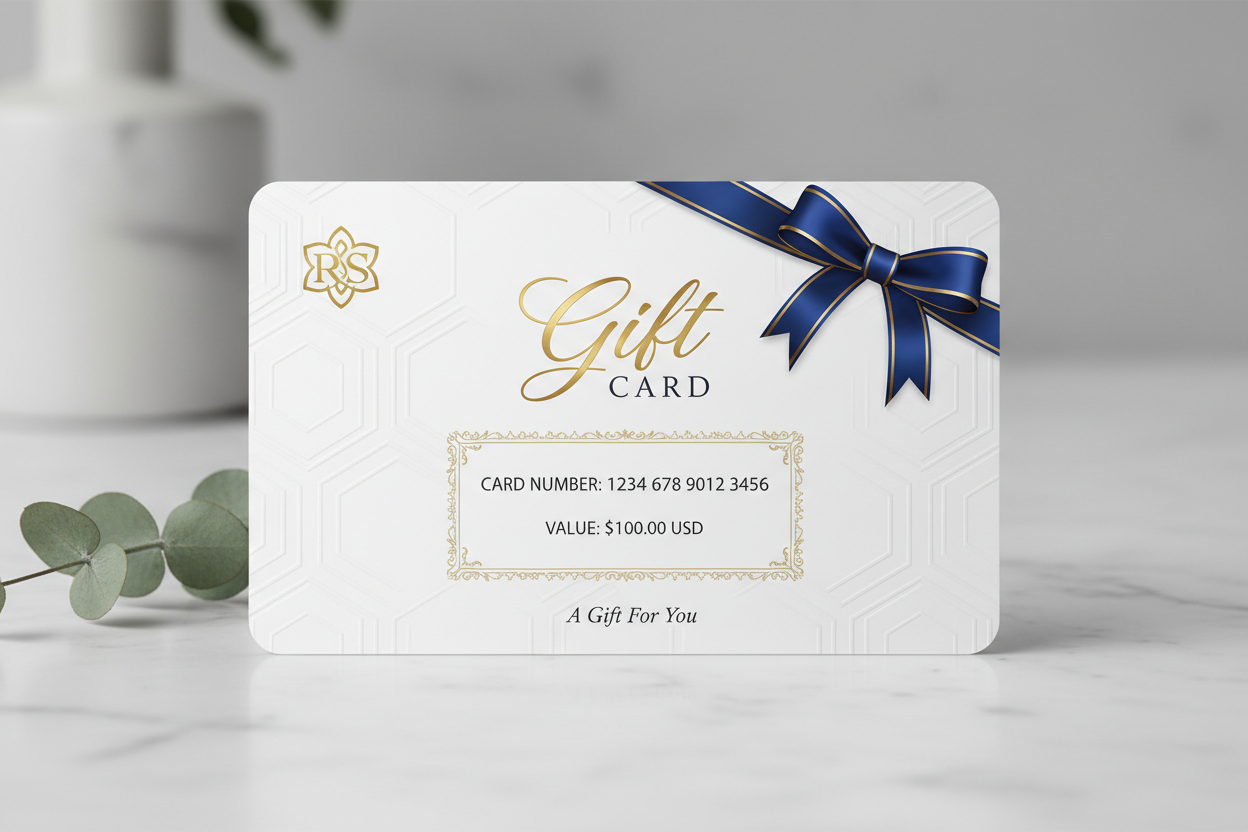 Versatile gift cards featuring a stylish design, blue bow, and placeholder for card number and value.