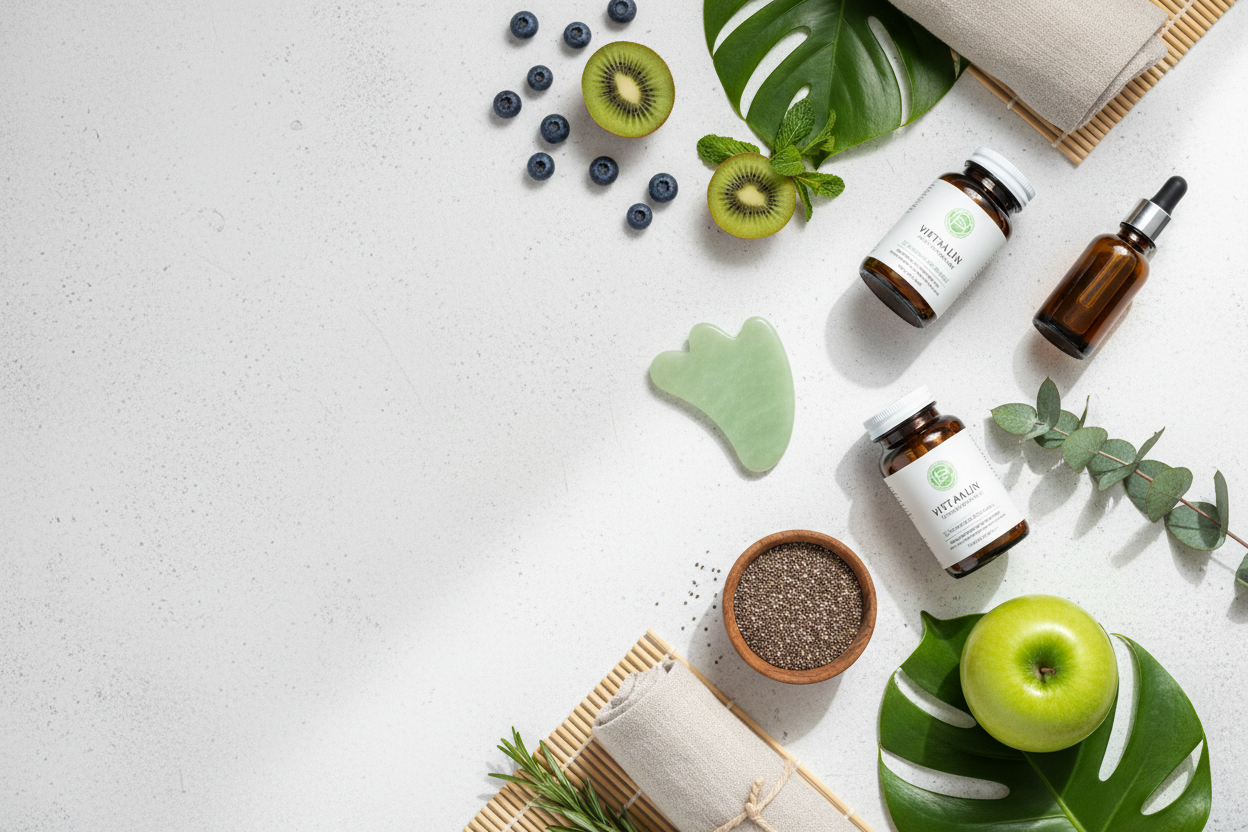 Health and wellness products including vitamins, skincare, and fresh fruit on a light background.