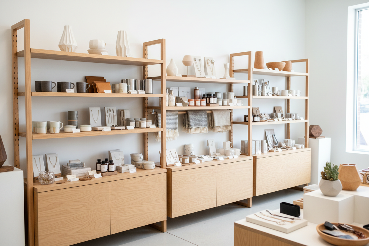 Unique personalized gifts displayed on stylish wooden shelves in a modern gift shop.