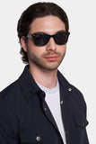 Man wearing black sunglasses and a dark jacket on a white background
