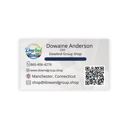 Business card with DowAnd Group Shop branding and contact information on a white background