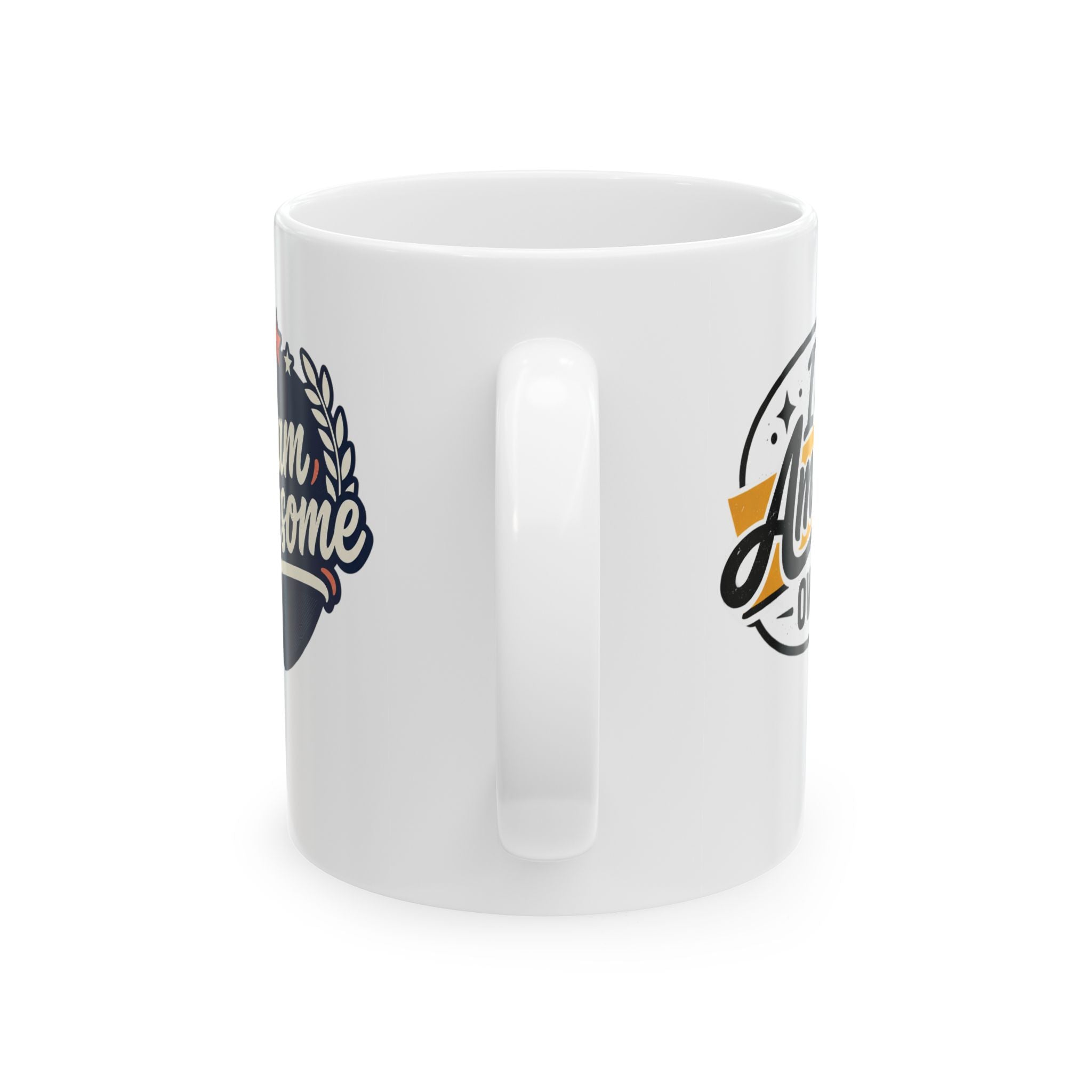 White mug with printed designs on a white background