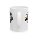 White mug with printed designs on a white background