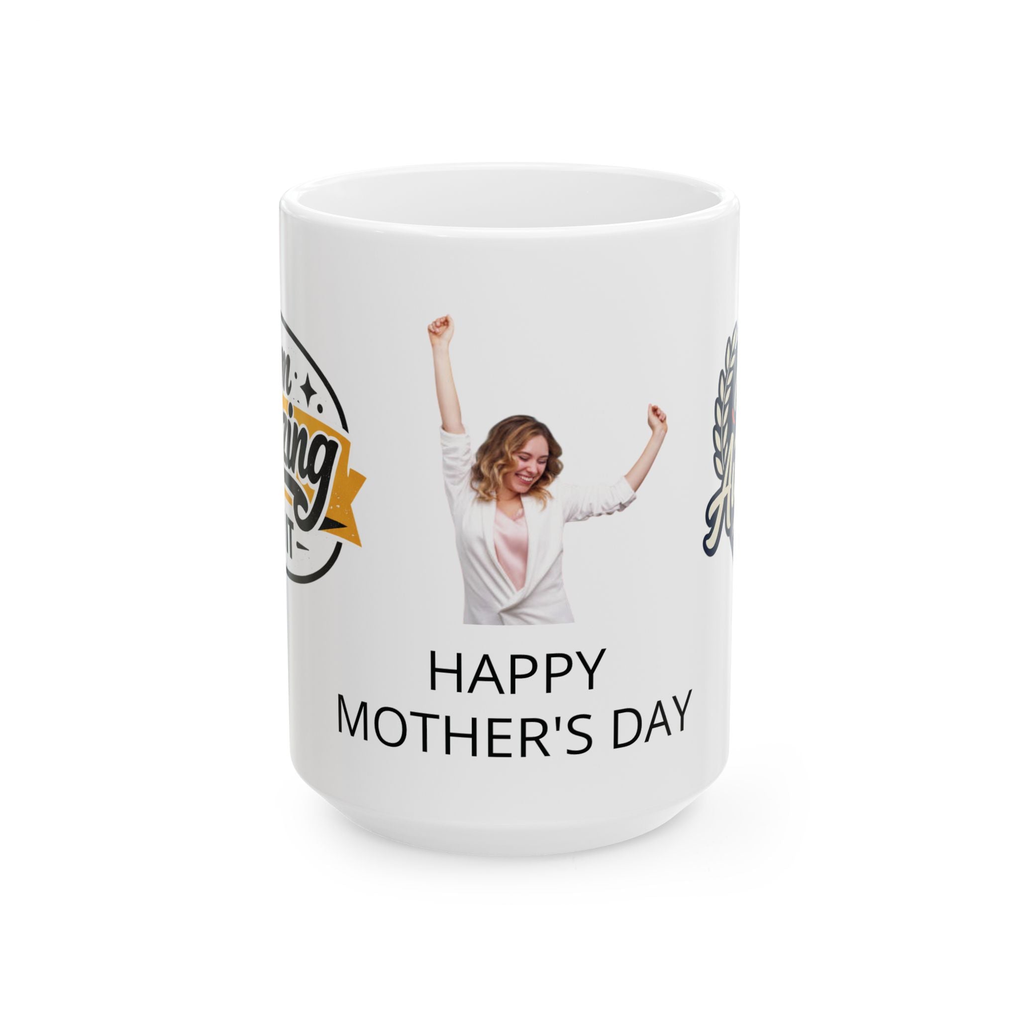 White mug with a photo of a woman and 'Happy Mother's Day' text on a white background