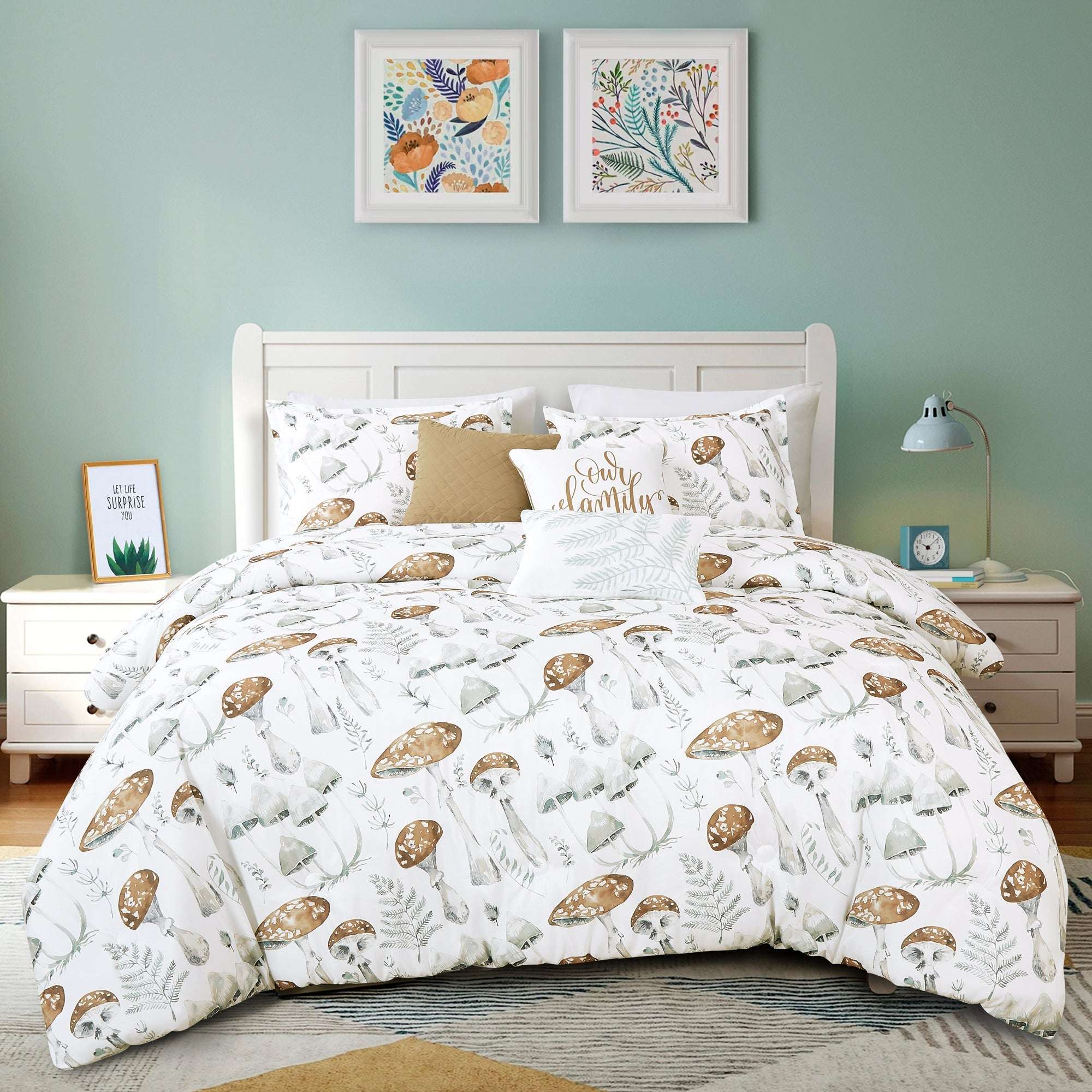 Closeout - 6 Piece Brown Mushroom Print Comforter Set Queen King Size