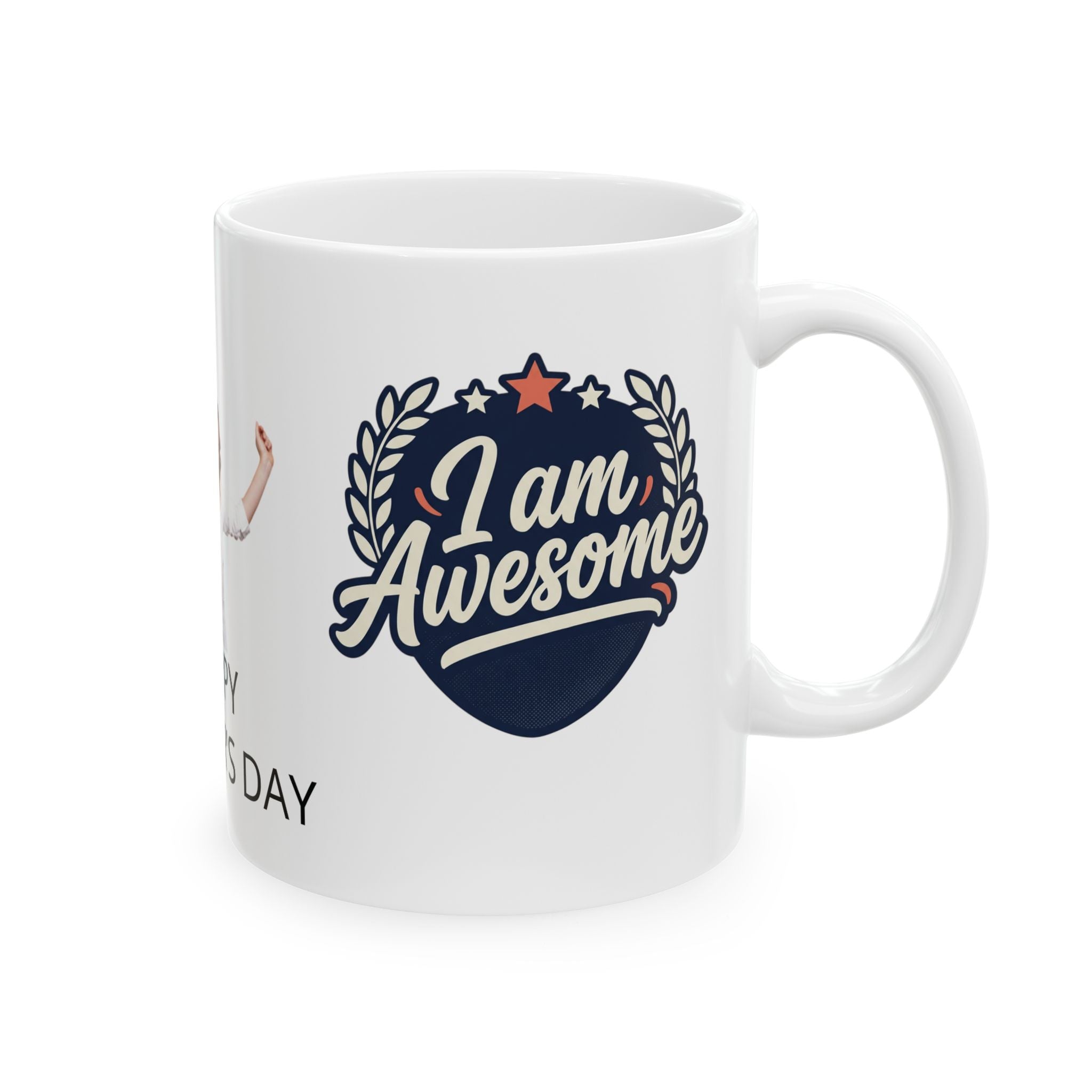 White mug with 'I am Awesome' design on a white background