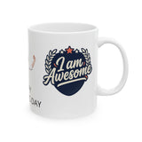White mug with 'I am Awesome' design on a white background