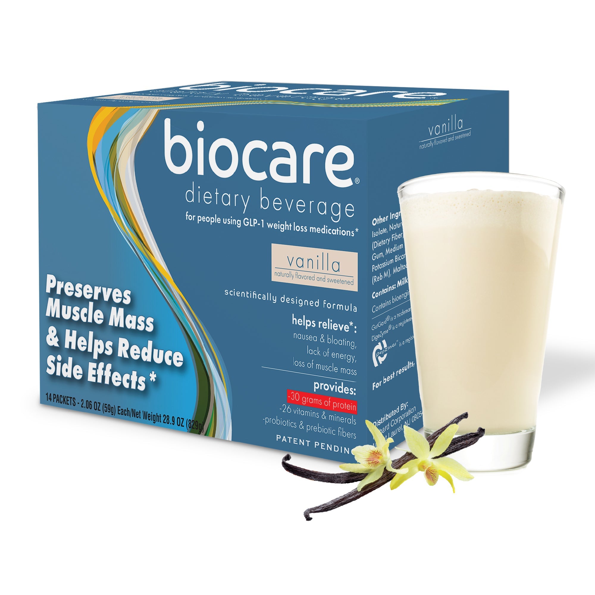 Boisson diététique Biocare à la vanille, 30 g de protéines (14 portions)