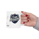 Hand holding a mug with 'I am Awesome' design on a white background