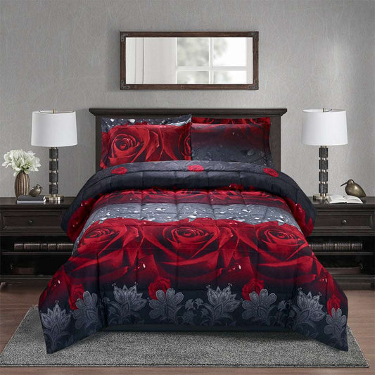 Liquidation - Parure de lit douillette 3D imprimé rose rouge Love All Season-Y28