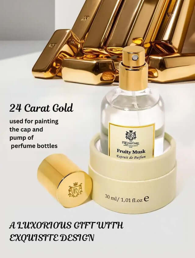 Luxury Fruity Musk Perfume in an elegant bottle with a 24-carat gold cap, showcasing its luxurious design.