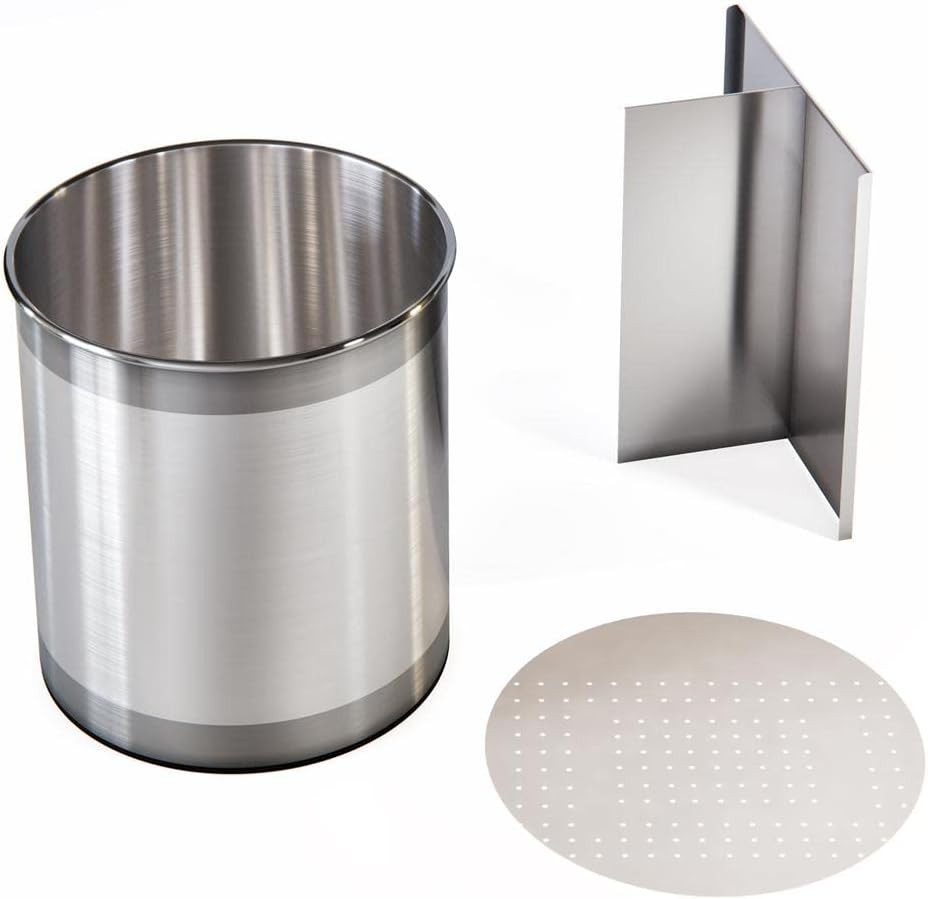 Stainless steel cup, corner guard, and perforated disc on a white background