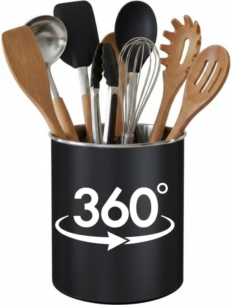 Black utensil holder with kitchen utensils and '360' logo on a white background