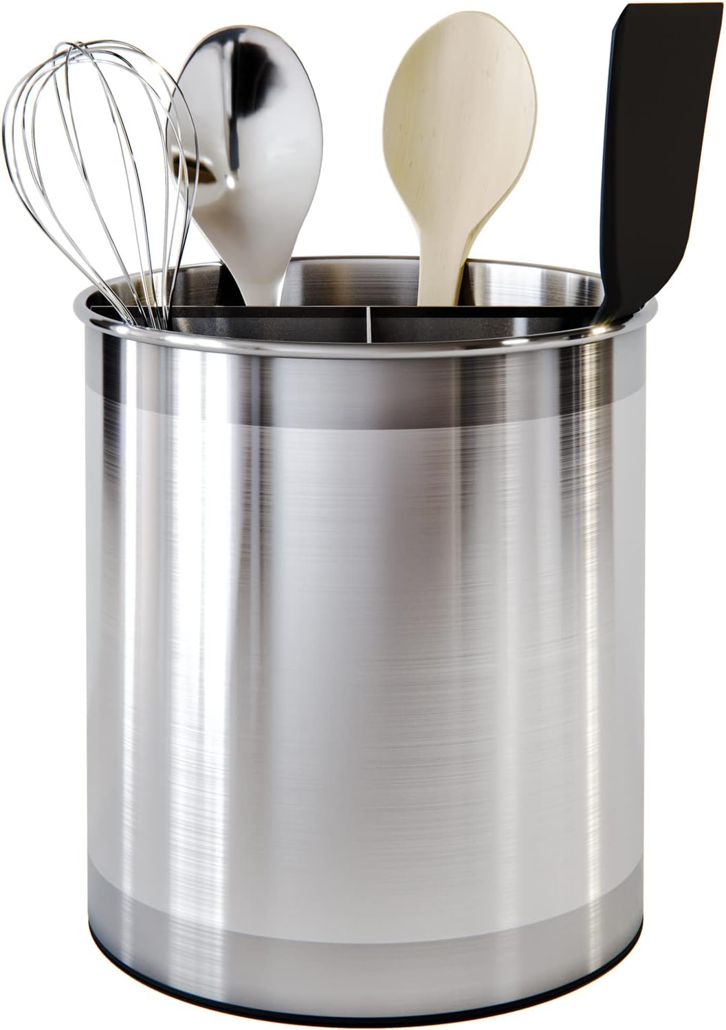 Stainless steel utensil holder with kitchen tools on a white background