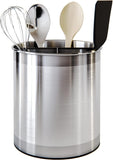 Stainless steel utensil holder with kitchen tools on a white background