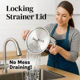 Stainless Steel Pasta Pot with Locking Strainer Lid - 5.5 Quart Large Capacity | Twist & Lock for Easy Drain & No Colander