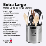 Metal utensil holder with kitchen utensils on a white background, featuring text about product features.