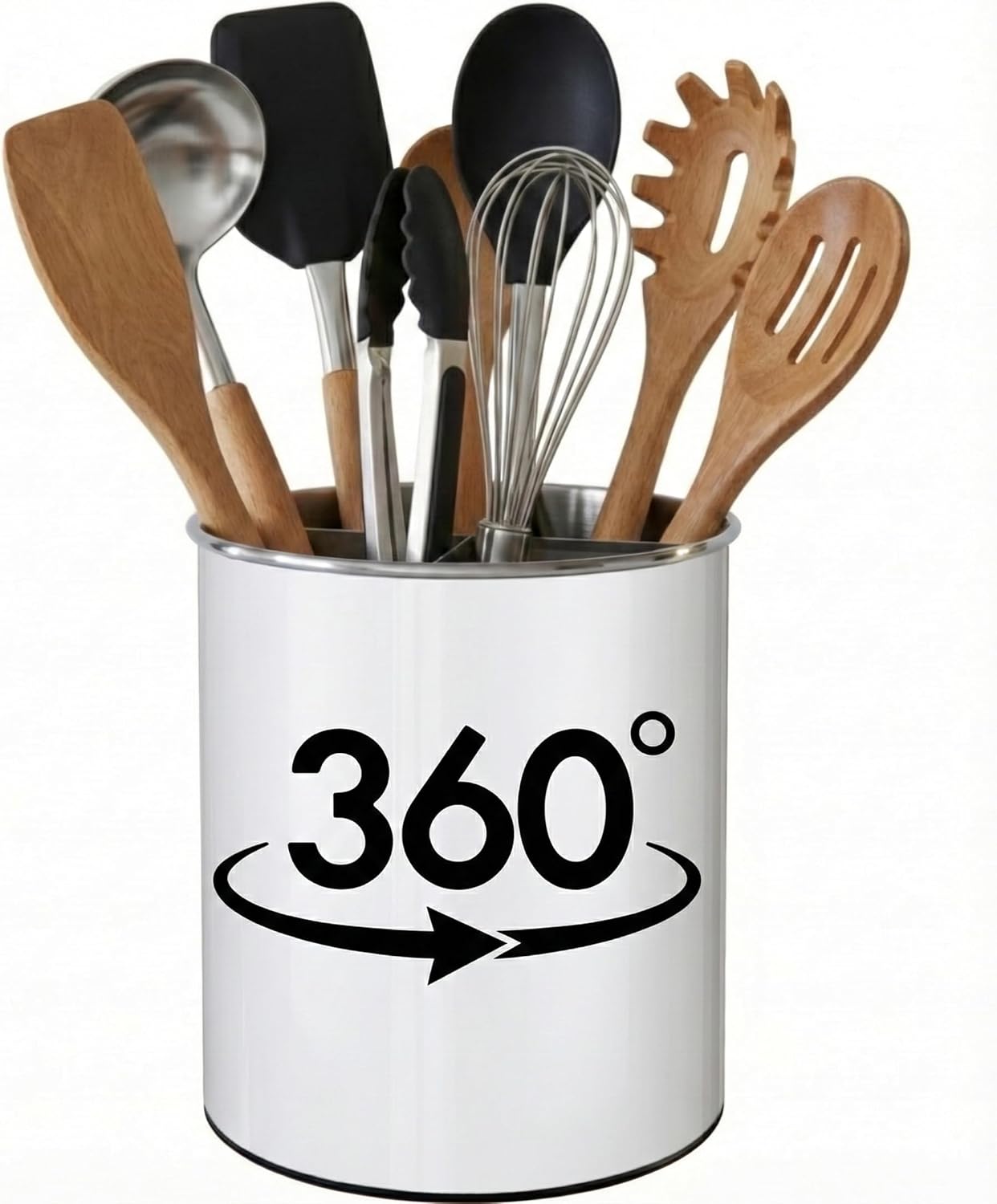 Cylindrical metal container with kitchen utensils and '360°' logo on a white background