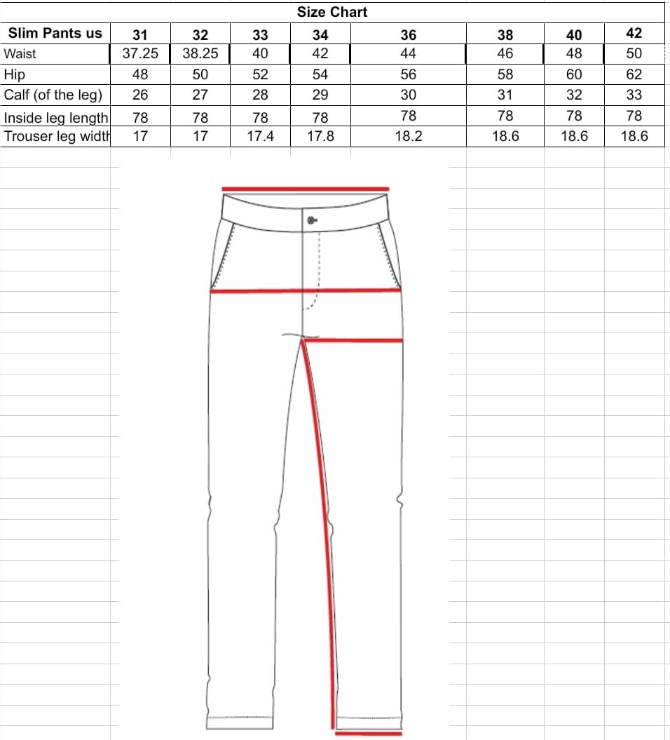Slim pants size chart with measurements on a white background