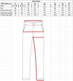 Slim pants size chart with measurements on a white background