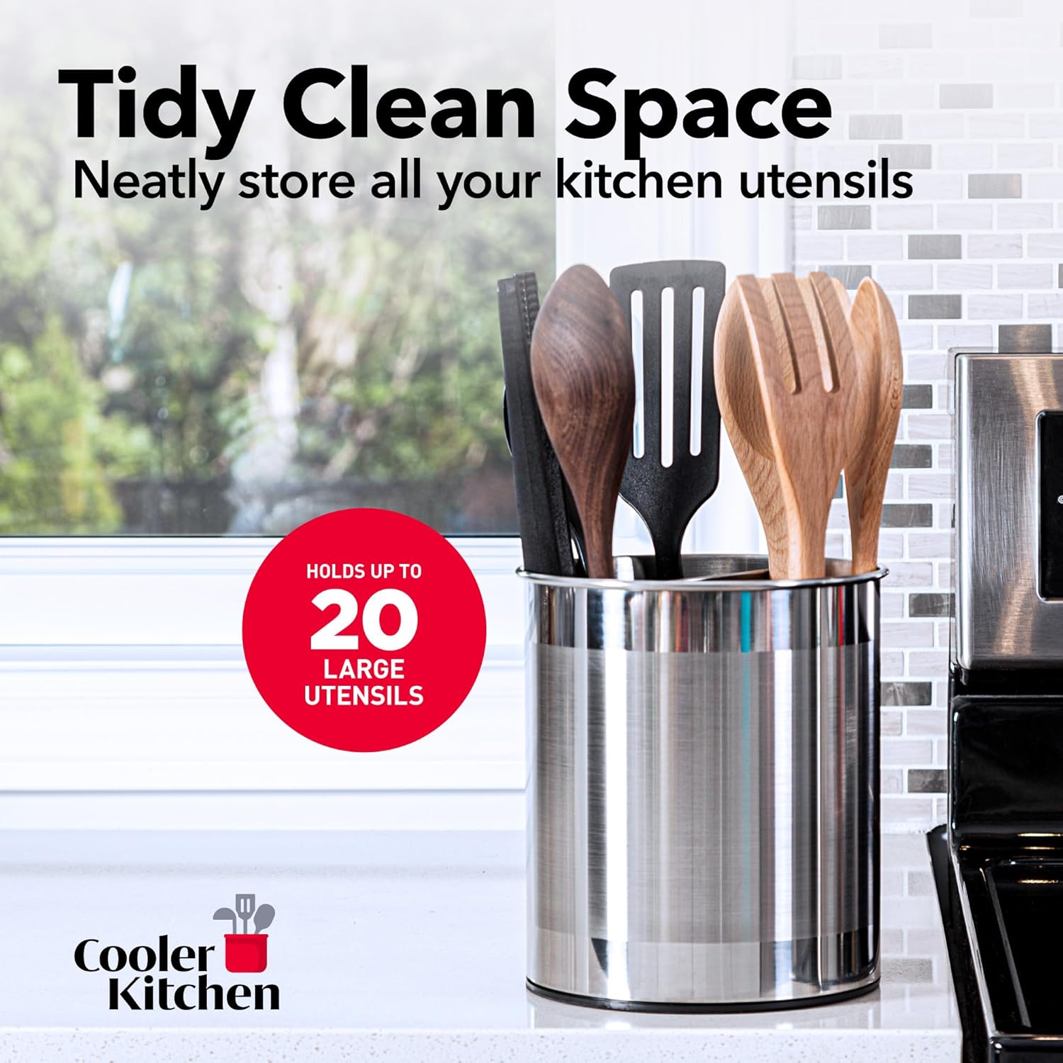Stainless steel utensil holder with kitchen utensils against a kitchen background, featuring the brand 'Cooler Kitchen'.