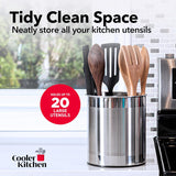 Stainless steel utensil holder with kitchen utensils against a kitchen background, featuring the brand 'Cooler Kitchen'.