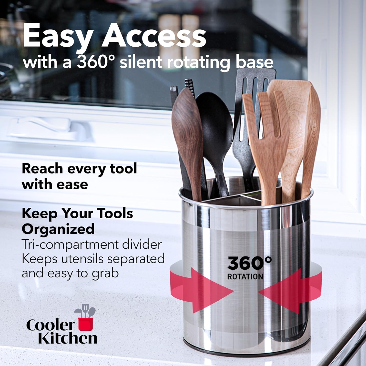 Stainless steel utensil holder with tools on a kitchen counter, featuring text about its features.