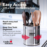 Stainless steel utensil holder with tools on a kitchen counter, featuring text about its features.