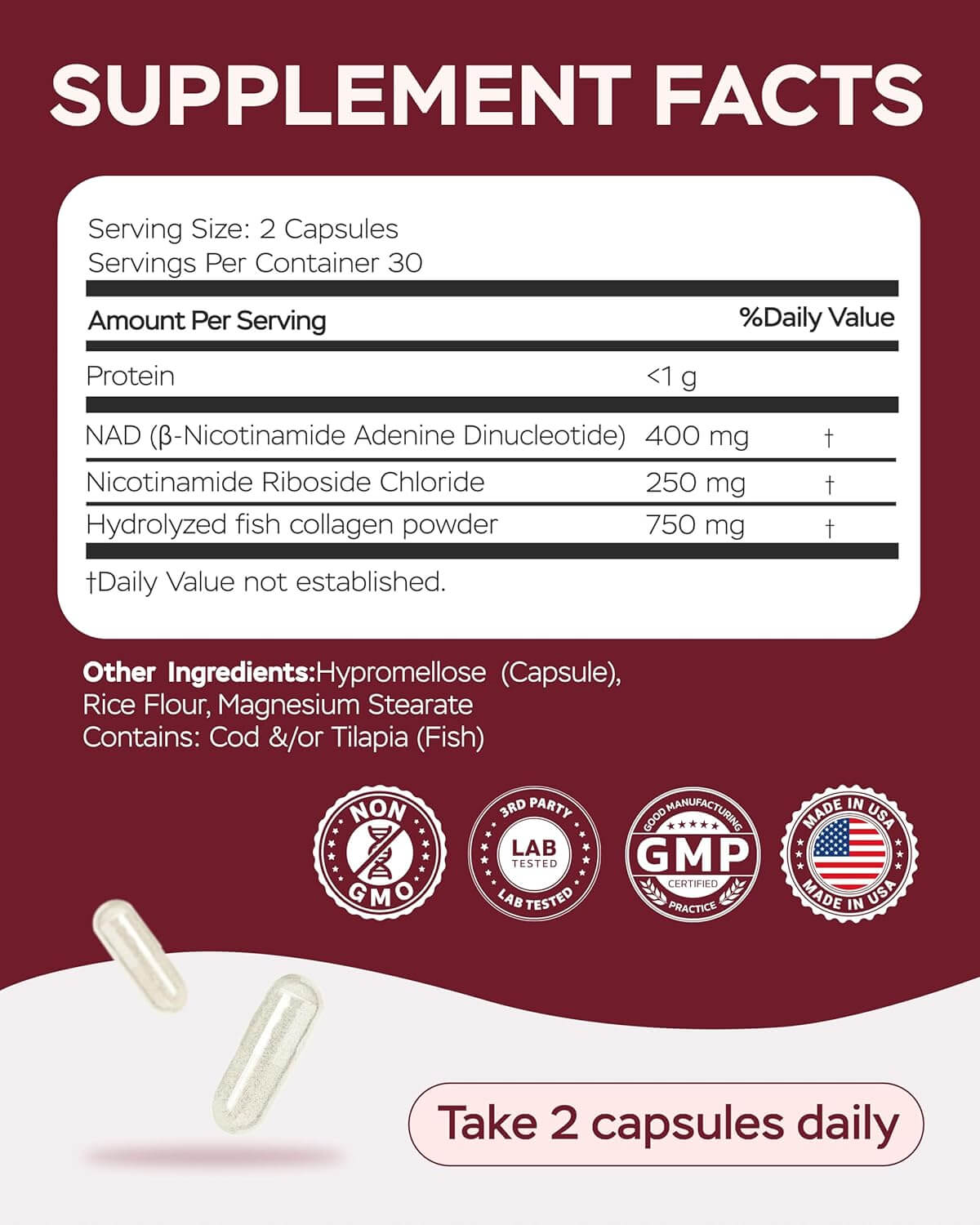 NAD Plus Supplement 1400mg with Nicotinamide Riboside, Collagen - 60 Capsules