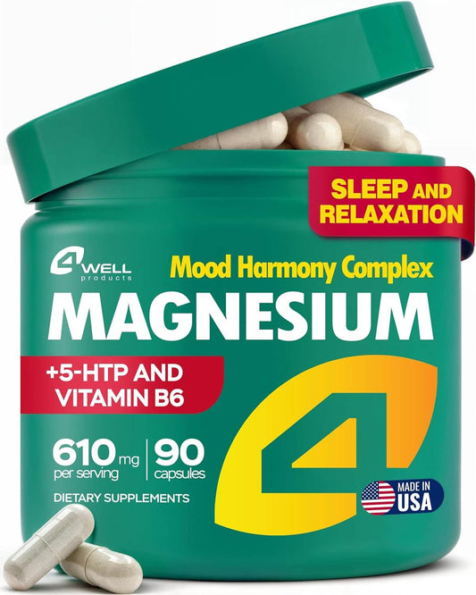 Magnesium Complex for mood and recovery supplement with 610mg per serving in a green jar, featuring 90 capsules.