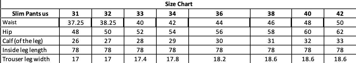Slim Fit Pants size chart with measurements for waist, rise, and inside leg length.