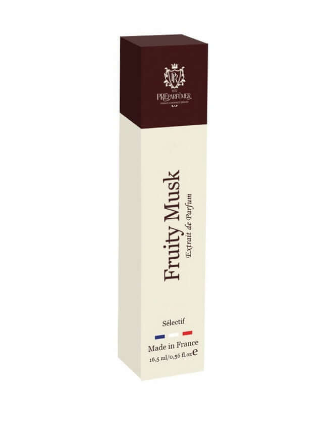 Luxury Fruity Musk Perfume packaging featuring Elegant design, Extrait de Parfum made in France.