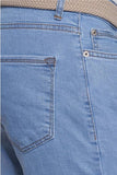 Close-up of blue denim jeans with a belt