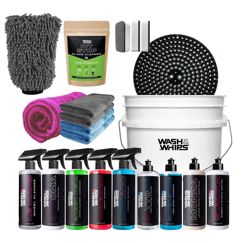 Collection of car care products including cloths, a bucket, and various bottles on a white background.