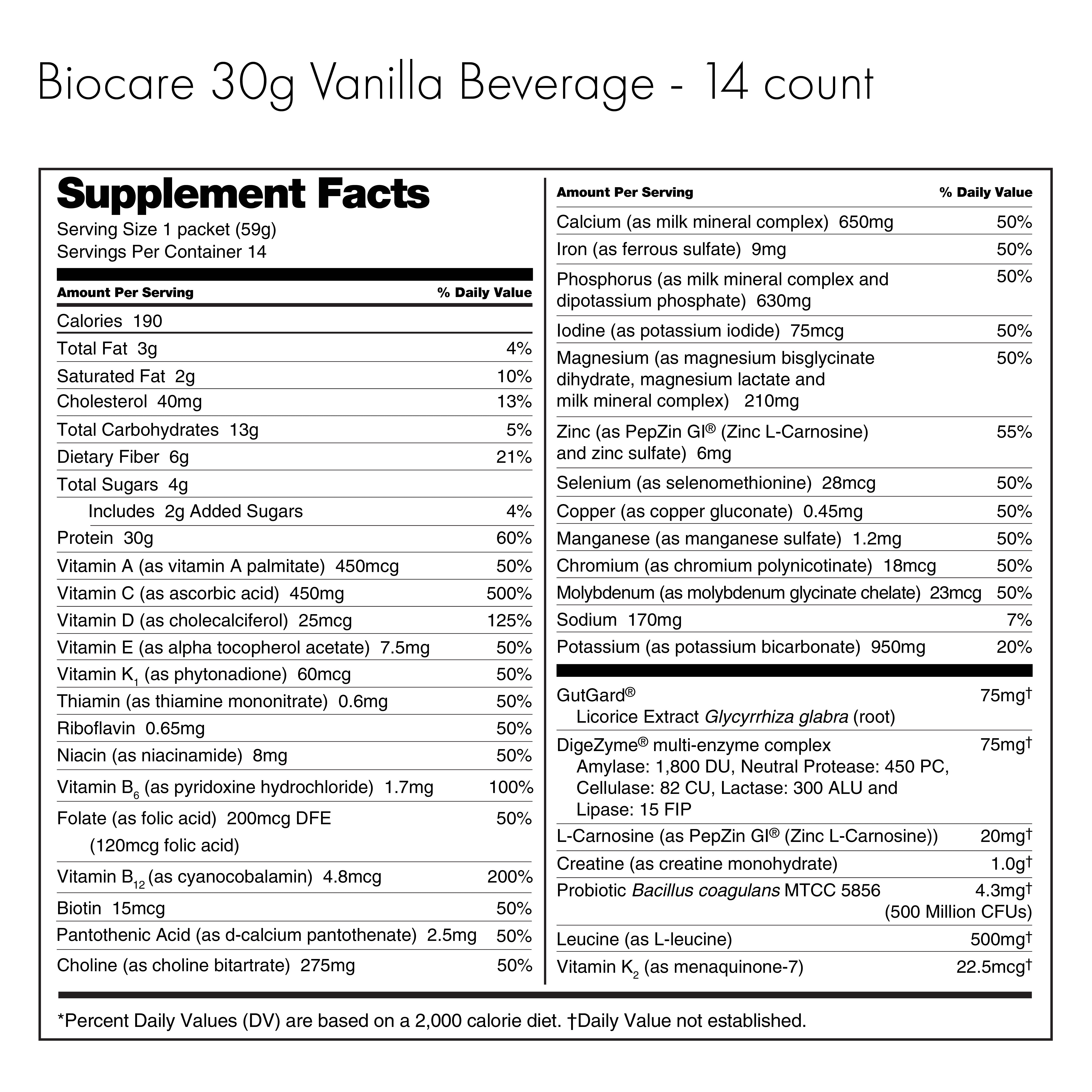 Boisson diététique Biocare à la vanille, 30 g de protéines (14 portions)