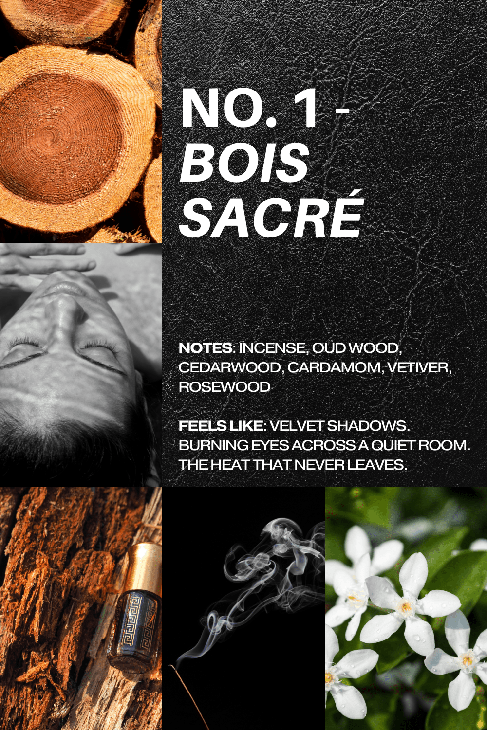 Collage of images related to Bois Sacre with text on a black background