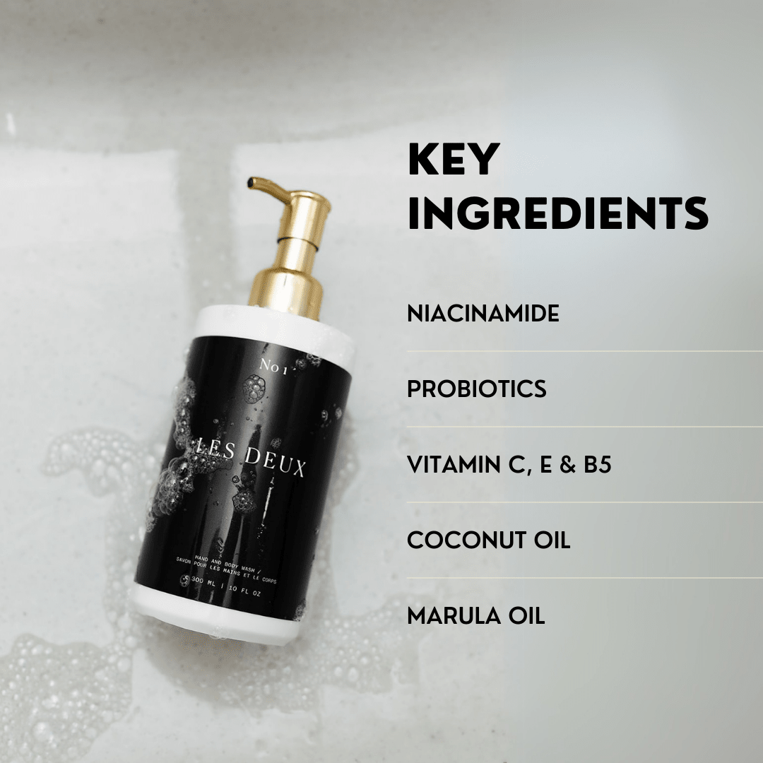 Product bottle with key ingredients listed on a light gray background