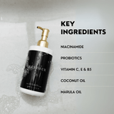 Product bottle with key ingredients listed on a light gray background