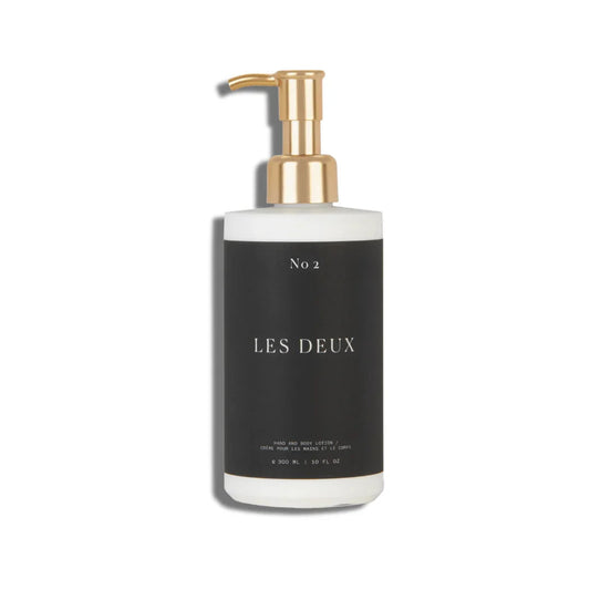 Bottle of 'Les Deux' with a pump dispenser on a white background