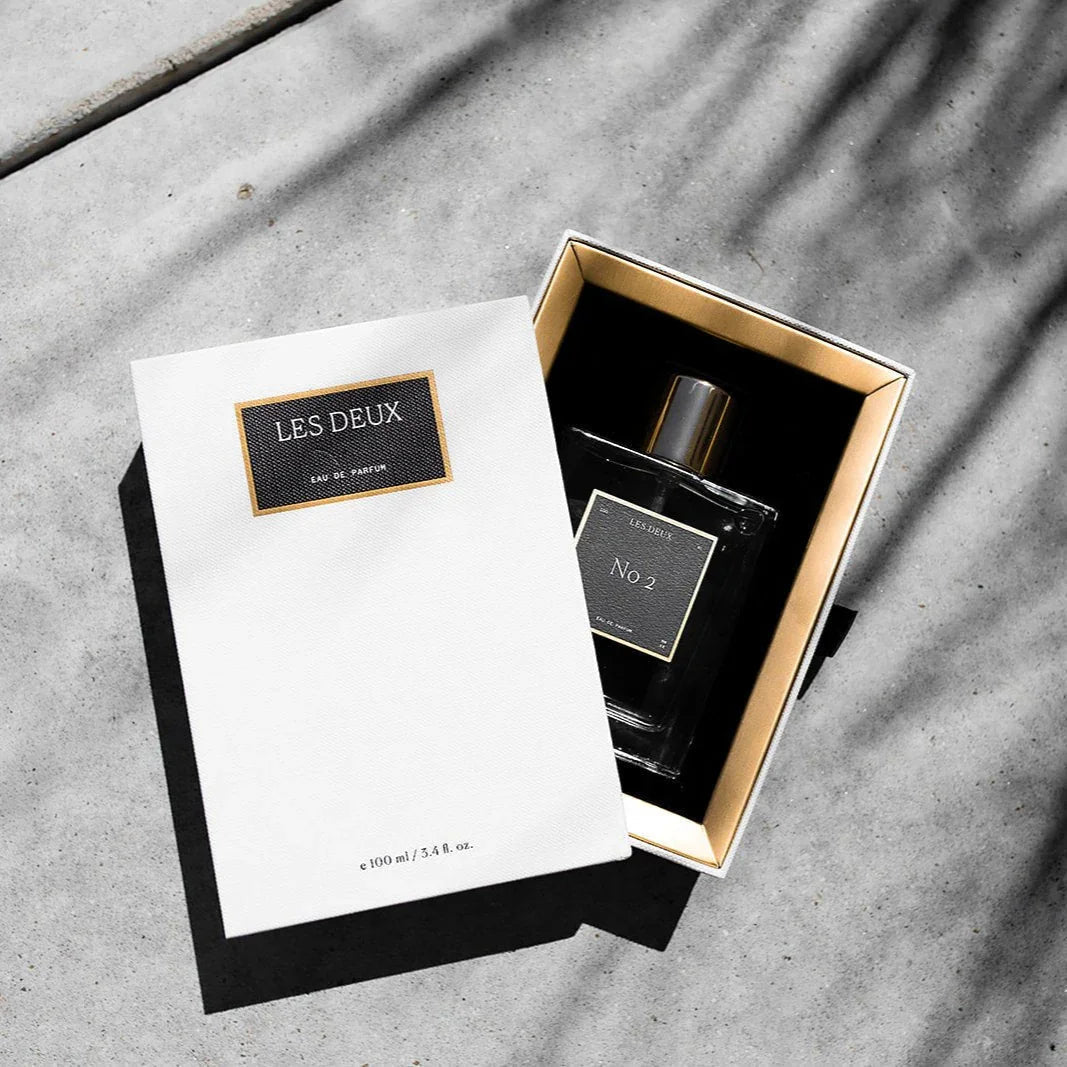 Perfume bottle and packaging with 'Les Deux' branding on a gray surface
