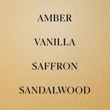 Text listing 'Amber', 'Vanilla', 'Saffron', and 'Sandalwood' on a beige background