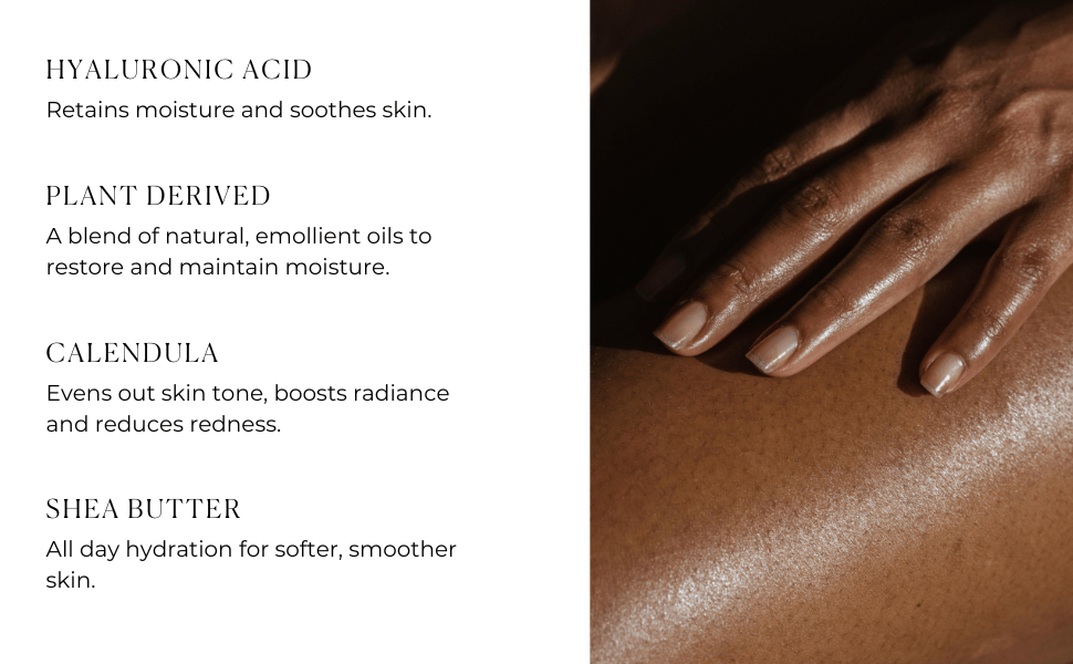 Text about skincare ingredients with a close-up of skin being massaged.
