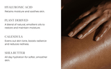Text about skincare ingredients with a close-up of skin being massaged.
