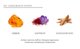 Fragrance notes with amber, saffron, and sandalwood displayed on a white background.