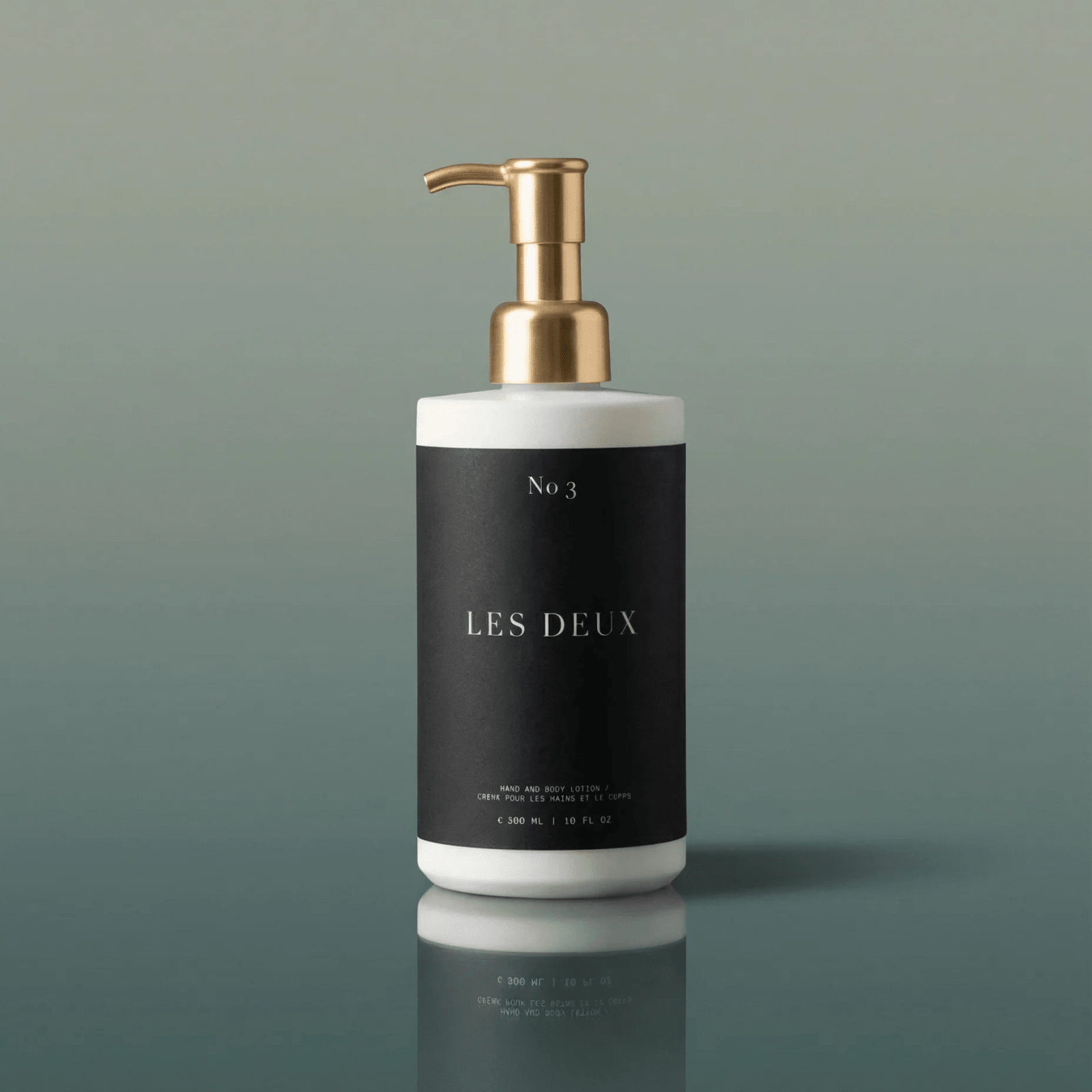White bottle with gold pump and black label on a green background