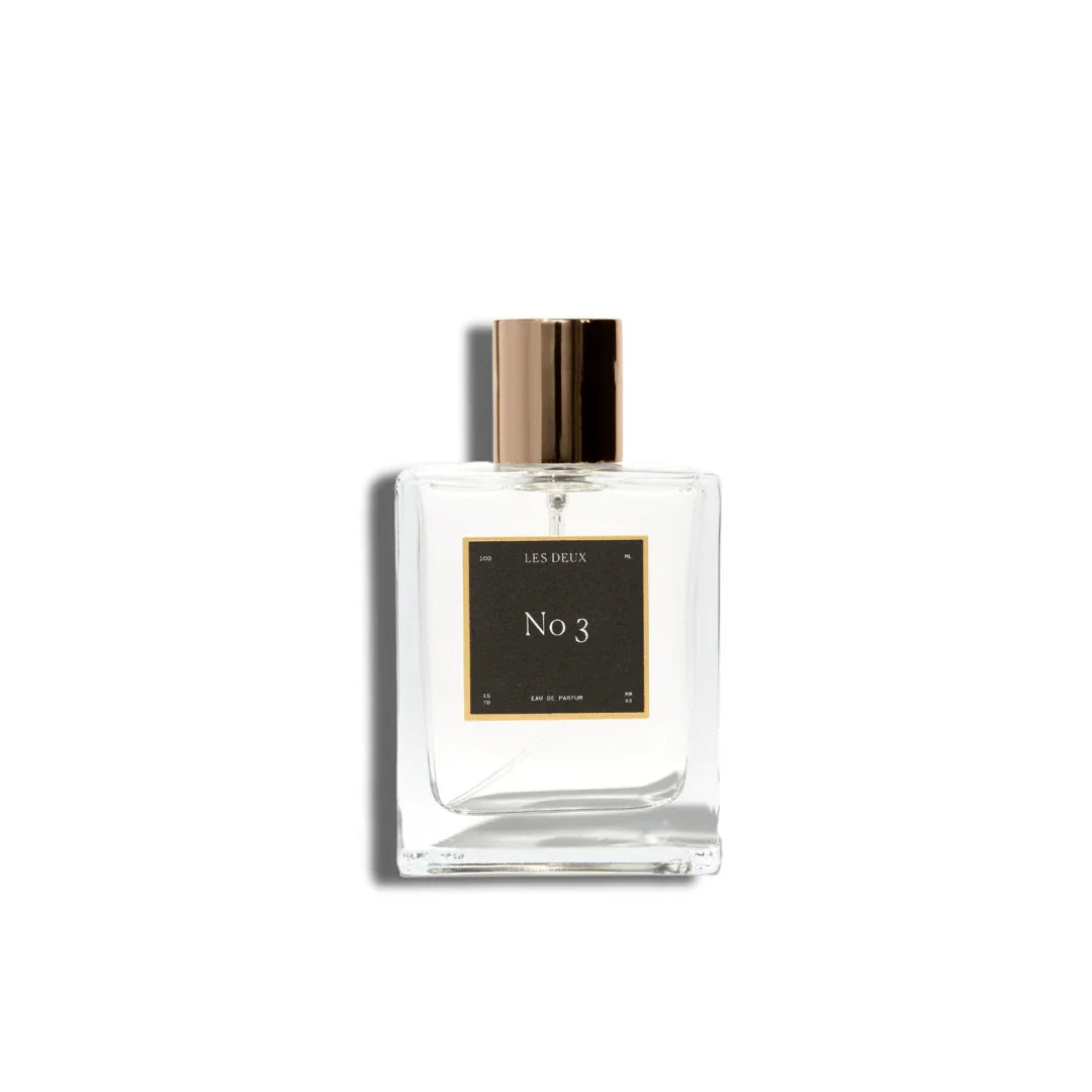 Perfume bottle labeled 'No 3' by 'Les Deux' on a white background